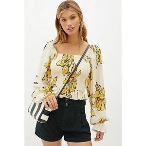 Hutch Women's Floral Puff-Sleeved Blouse Top Long Sleeve Yellow Size Small